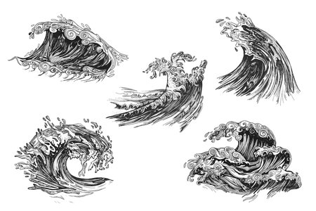 Handdrawn wave illustration, wave drawing, sea, ocean, water, element, nature, wave collection, setの写真素材