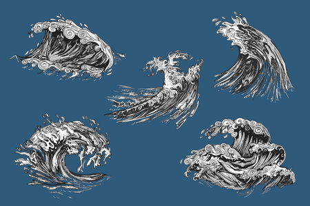 Handdrawn wave illustration, wave drawing, sea, ocean, water, element, nature, wave collection, setの写真素材