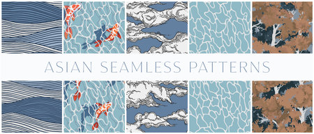 Asian seamless patterns set, Forest design, Ocean, Sea, Wave, Water, Fish, Traditional design, Vector illustrationの写真素材