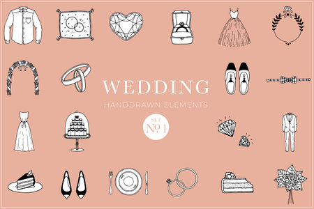 Wedding handdrawn elements set, wedding illustrations, collectionのイラスト素材