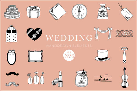 Wedding handdrawn elements set, wedding illustrations, collectionのイラスト素材