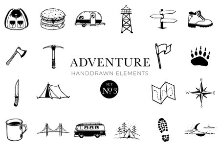 Adventure handdrawn elements, Travel drawings, Illustrations, Travellingのイラスト素材