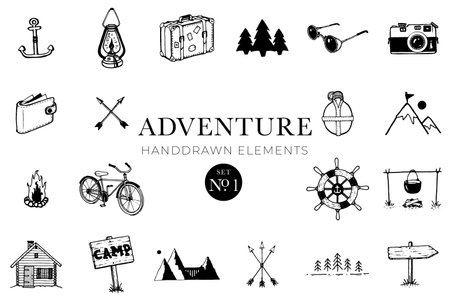 Adventure handdrawn elements, Travel drawings, Illustrations, Travellingのイラスト素材