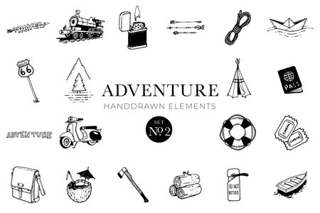 Adventure handdrawn elements, Travel drawings, Illustrations, Travellingのイラスト素材