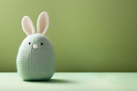 Handmade knitted easter bunny on a green background with copy space, AI-Generated Imageの素材