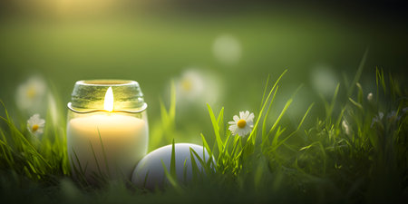 Glass candle and egg in lush green grass, sunny, morning light and daisies, generative aiの素材