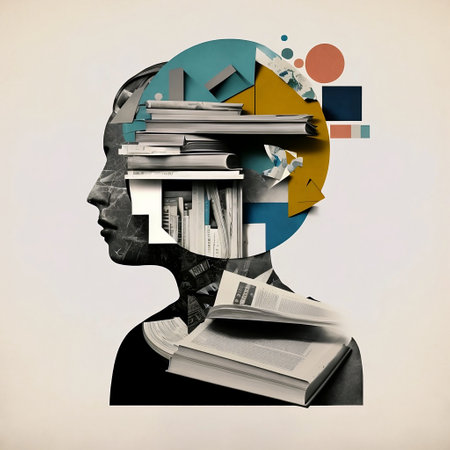 Human head with books and colorful circles in it. Education concept, Silhouette of a woman with books in her head, Abstract Art Collage, Generative AIの素材