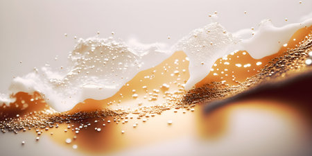Milk splash with golden bubbles on a white background, Foamy white fluid with golden glitter, abstract background, generative aiの素材