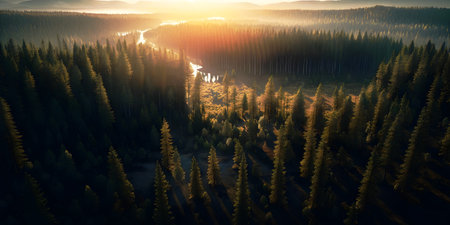 Aerial view of coniferous forest at sunset. Panoramic View of Lush Pine Forest and river from Above, sunset, Nature Aerial Photography, Drone Shot, generative aiの素材