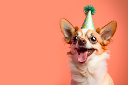 Funny Chihuahua dog with party hat isolated on orange red background, copy space for textの素材