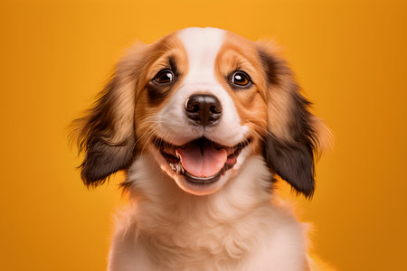 Portrait of happy puppy dog isolated on yellow background. Studio shot.の素材