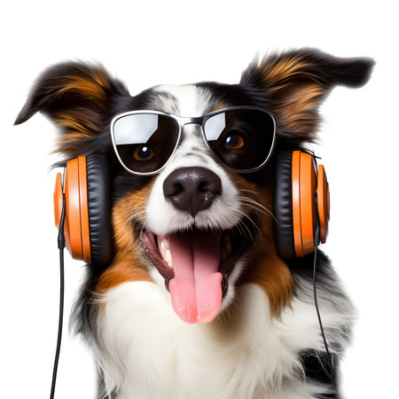 dog listening to music with headphones and tongue out, isolated on whiteの素材