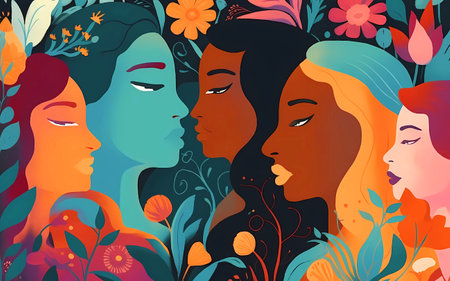 Vector illustration of a group of women with flowers in their hair.の素材