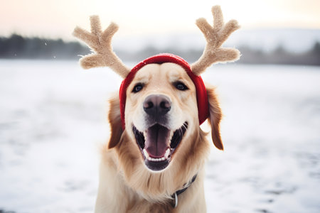 Dog wearing reindeer antlers. Golden Retriever in winter.の素材
