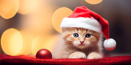 Cute little kitten in Santa hat with christmas decoration on bokeh backgroundの素材