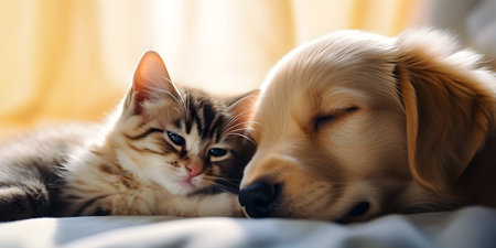 Cute cat and golden retriever puppy on bed at home, closeupの素材