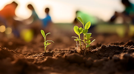 Green seedling growing on fertile soil with blurred background, agriculture conceptの素材