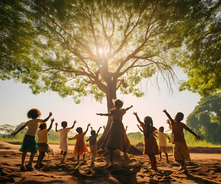 Group of kids having fun under a big tree on a sunny dayの素材