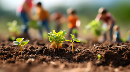 Plant seedling growing on fertile soil with blurred people in backgroundの素材