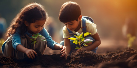 Cute little boy and girl planting a tree in the garden.の素材