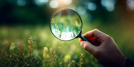 Close-up of human hand holding magnifying glass on nature backgroundの素材