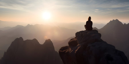 Silhouette of a woman sitting on the top of a mountain and looking at the sunriseの素材