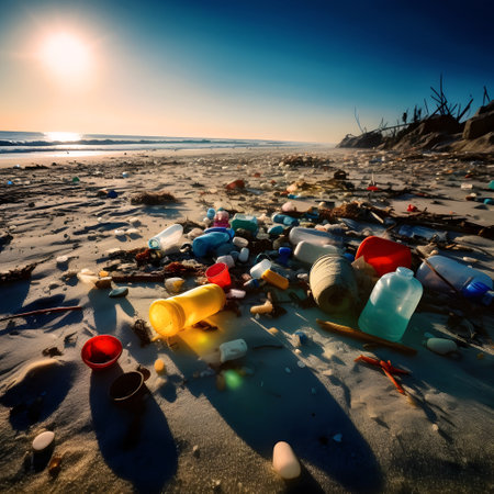 Plastic trash on the beach at sunset. Ecology concept.の素材