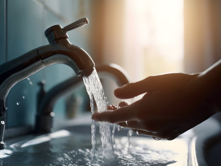 Washing hands under running water tap. Hygiene concept.の素材