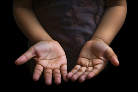 Closeup of hands of a little girl on black backgroundの素材