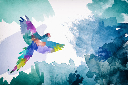 Watercolor bird fly with flowersの写真素材