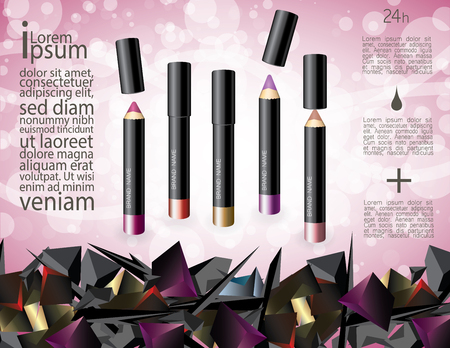 Colorful lip gloss pencils set. Makeup cosmetics vector illustration with abstract elements.のイラスト素材