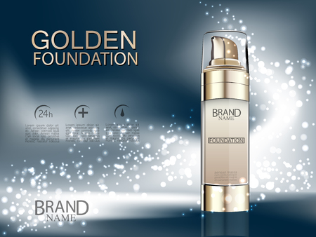 Cosmetic ads Gold foundation with gold balls on shiny dark abstract background. Face care, body care and skin cosmetic. Vector illustration.のイラスト素材