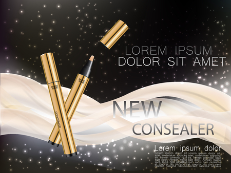 Cosmetic ads gold consealers with cream waves on dark color background. Face care, body care and skin cosmetic. Vector illustration.のイラスト素材