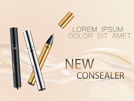 Cosmetic ads gold, black and silver consealers with cream waves on pastel color background. Face care, body care and skin cosmetic. Vector illustration.のイラスト素材
