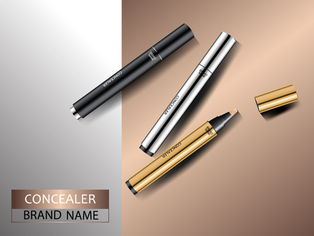 Cosmetic ads. Premium silver gold and black concealers on abstract metal background. Face and skin care. 3d vector illustration.のイラスト素材
