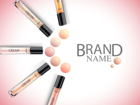 Cosmetic ads, 3d premium cosmetic lipstic, cream with cream dropson nude pastel background. Vector illustration.のイラスト素材