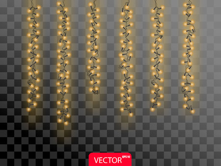 Realistic vertical yellow christmas light. 3D light bulb on transparent background. Vector illustration.のイラスト素材