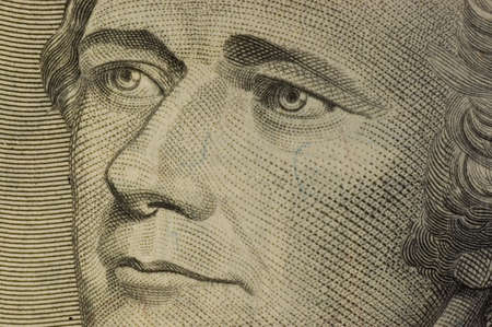 Macro of Alexander Hamilton portrait on the U.S. ten dollar bill.の写真素材
