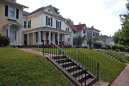 Rows of craftsman style bungalow houses line the street. These homes are located in the historic Lancaster Ohio.の写真素材