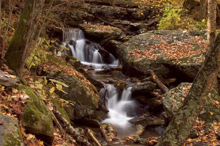 A small secluded cascade in the autumn forests of Virginia. Taken with a slow shutter speed to smooth and soften the water. The stream is framed with large boulders covered with the   leaves of autumn. One of many waterfalls in my collection.の写真素材