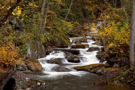 A small secluded cascade in the forests of West Virginia. Taken with a slow shutter speed to smooth and soften the water. The stream is framed with the colorful yellow leaves of autumn. One of many waterfalls in my collection.の写真素材
