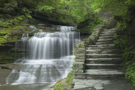 Just one of hundreds of gorge waterfalls in  New York's Finger Lakes region. Beautiful hand crafted stone stairways lead you along the gorge right by the waterfalls and cascades. Spring colors along the stream add to the beauty of the scene.  One of manyの写真素材