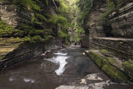 Enfield  Glen is located in Robert Treman state park in New York. Lush green moss and ferns along the steep gorge walls add to the beauty of the scene.  The gorge trail and stone bridges where constructed in the 1930's and blend in amazingly well with theの写真素材