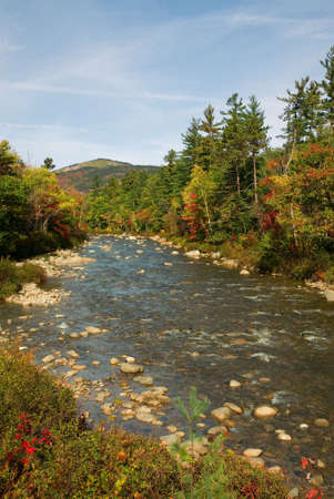 View of the Swift river from the Kancamagus Highway in New Hampsshire during peak autumn colors.
