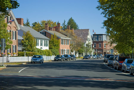 Main street in Woodstock Vermont. Old restored homes and buildings from the early 1800's all along the road. の写真素材
