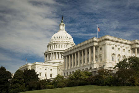 The United States Capitol Building in Washington DC, framed with trees and  a beautiful sky.の写真素材