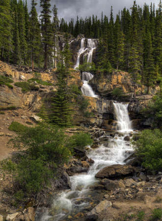 Tangle Falls in Jasper National Park, Alberta Canada. Seen along the Icefield Parkway. The waterfall is 100 feet high .の写真素材
