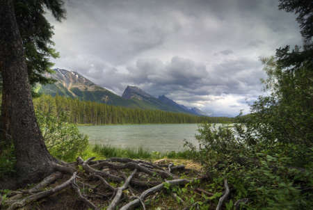 Honeymoon Lake in Jasper National Park, Alberta Canada. Just one of many beautiful lakes in Alberta where you can camp or just visit and enjoy the scenery of the Rocky Mountains.の写真素材