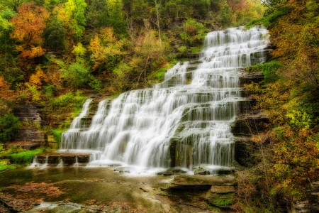 Hector falls  in New York surrounded by trees and plants with peak fall colors  A beautiful roadside waterfall just north of Watkins Glen の写真素材