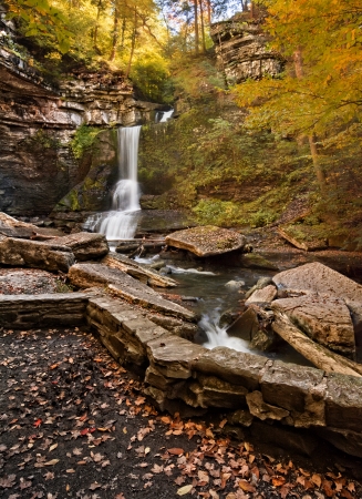 Cow Sheds falls in Filmore Glen New York during fall. A gorgeous waterfall found in the Finger Lakes region.の写真素材